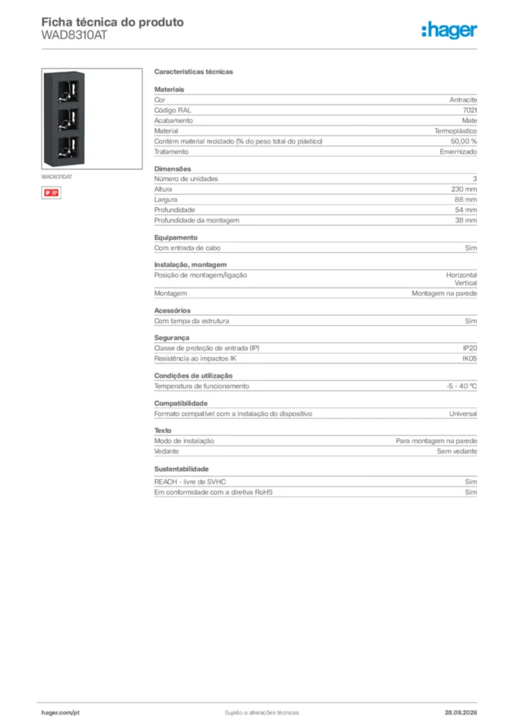Imagem Hager Ficha técnica do produto WAD8310AT | Hager Portugal