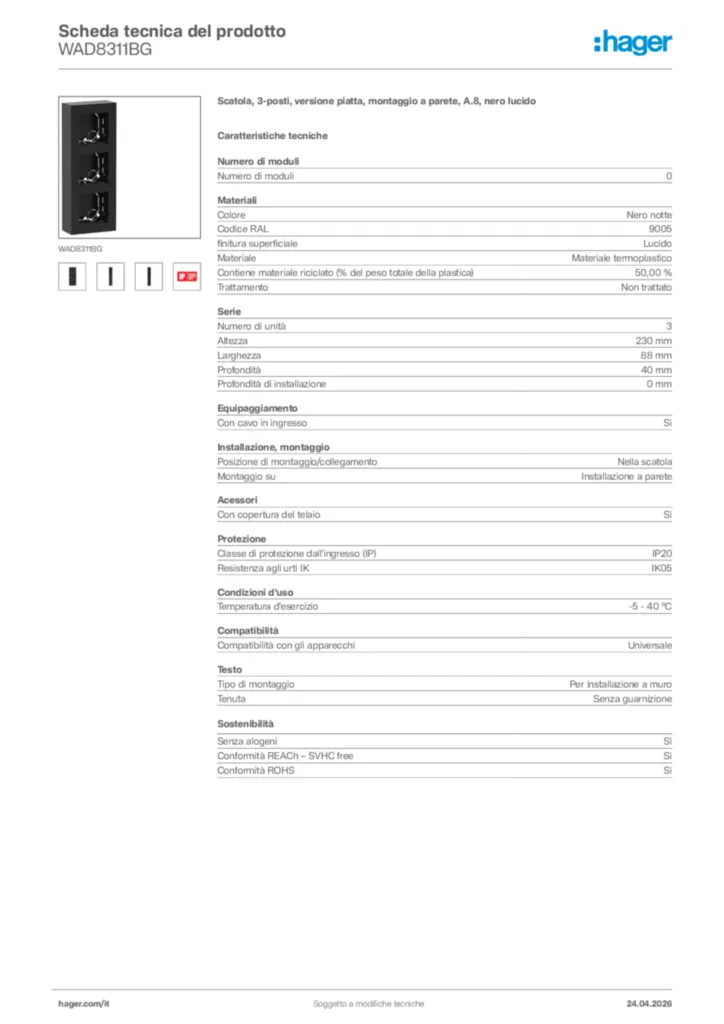 Immagine Hager Scheda tecnica del prodotto WAD8311BG | Hager Italia
