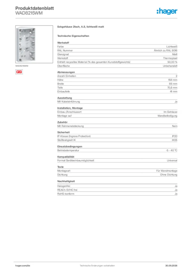 Bild Hager Produktdatenblatt WAD8215WM | Hager Deutschland