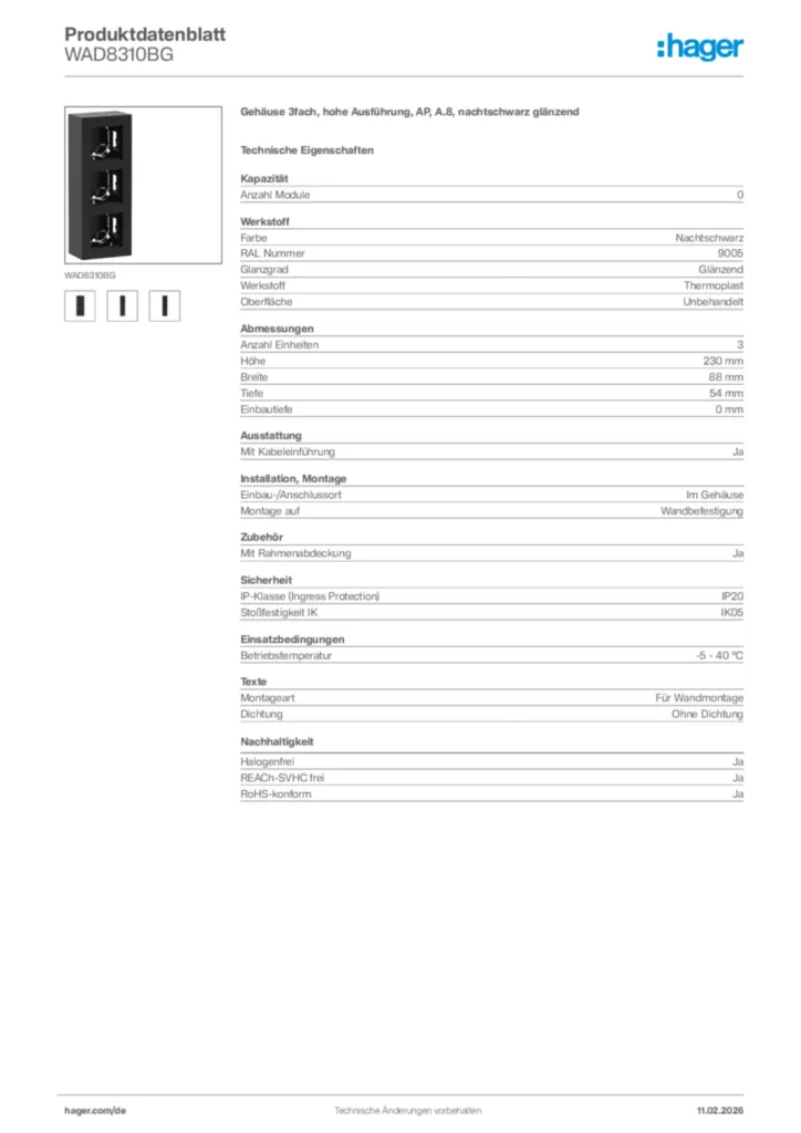 Bild Hager Produktdatenblatt WAD8310BG | Hager Deutschland