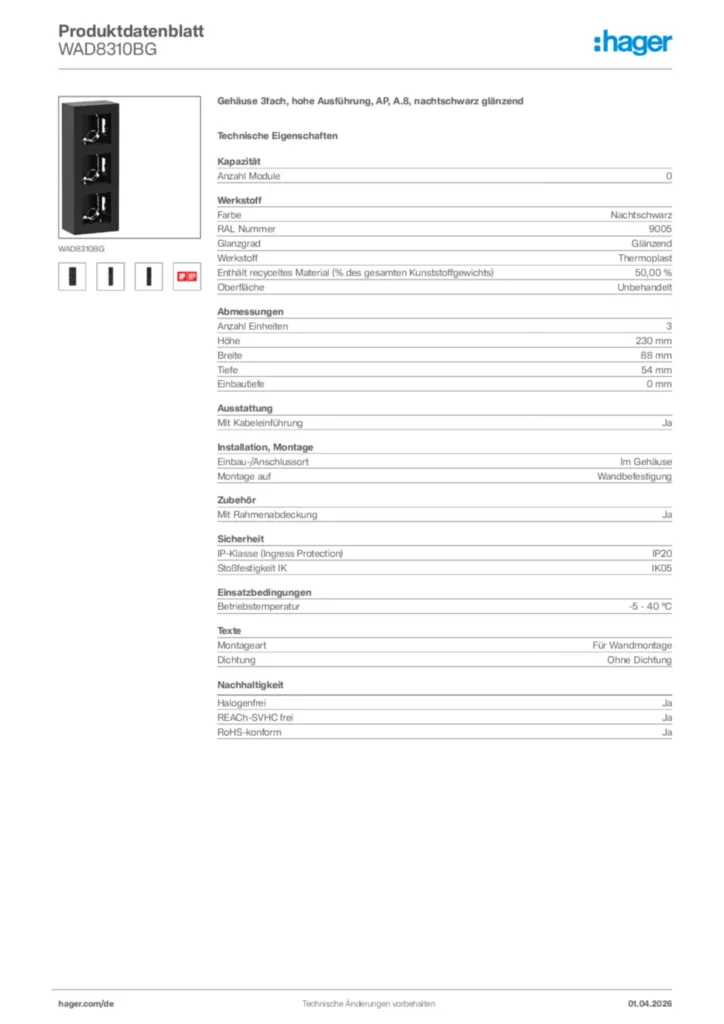 Bild Hager Produktdatenblatt WAD8310BG | Hager Deutschland