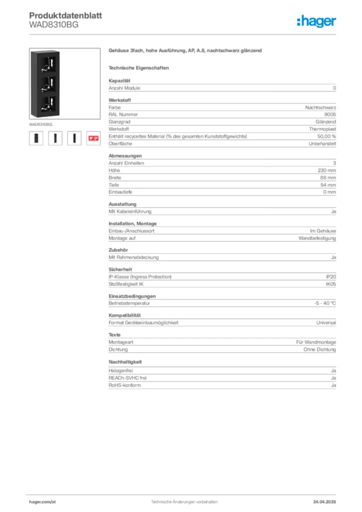 Bild Hager Produktdatenblatt WAD8310BG | Hager Deutschland