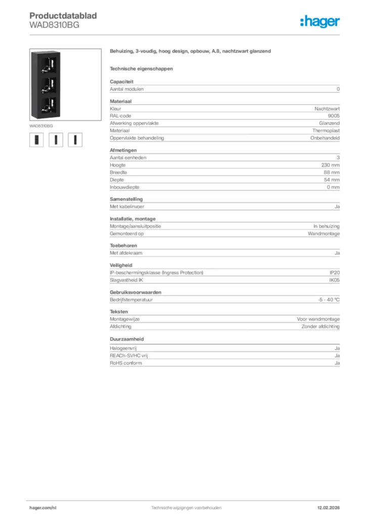 Afbeelding Hager Productdatablad WAD8310BG | Hager Nederland