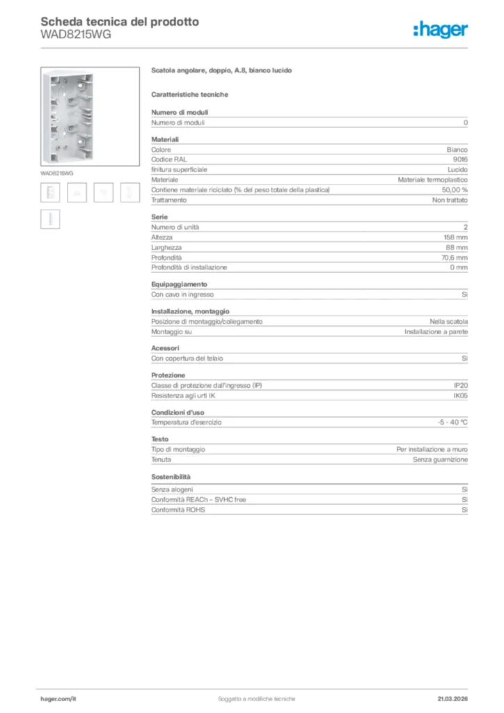 Immagine Hager Scheda tecnica del prodotto WAD8215WG | Hager Italia