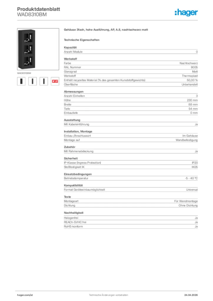 Bild Hager Produktdatenblatt WAD8310BM | Hager Deutschland