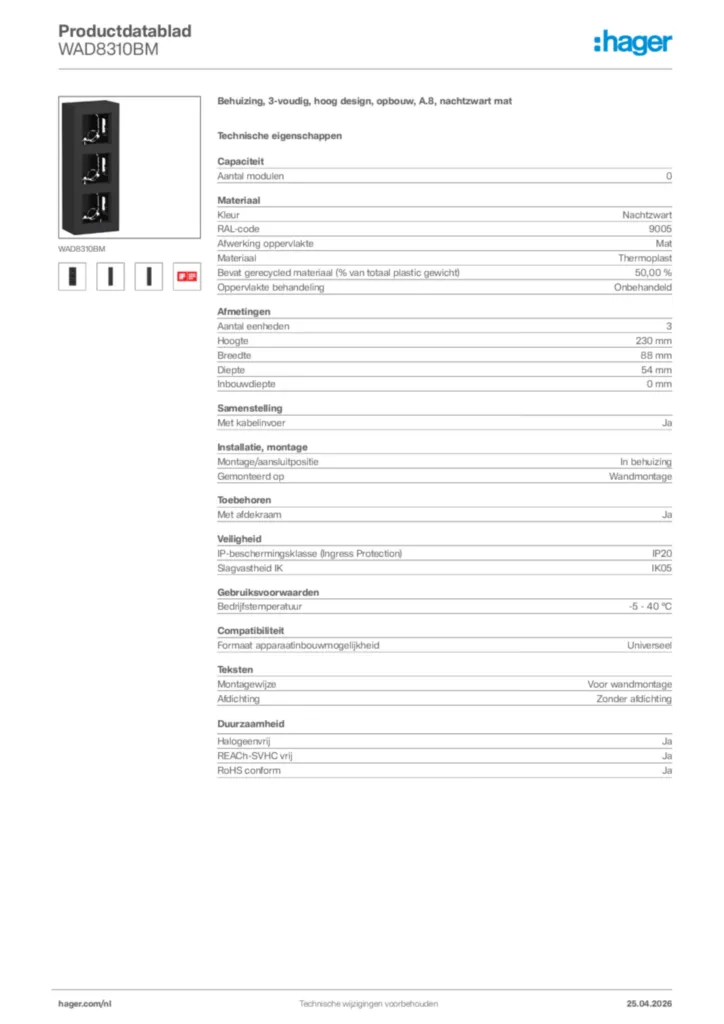Afbeelding Hager Productdatablad WAD8310BM | Hager Nederland