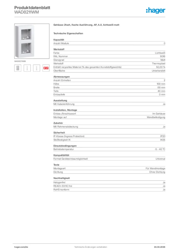 Bild Hager Produktdatenblatt WAD8211WM | Hager Deutschland