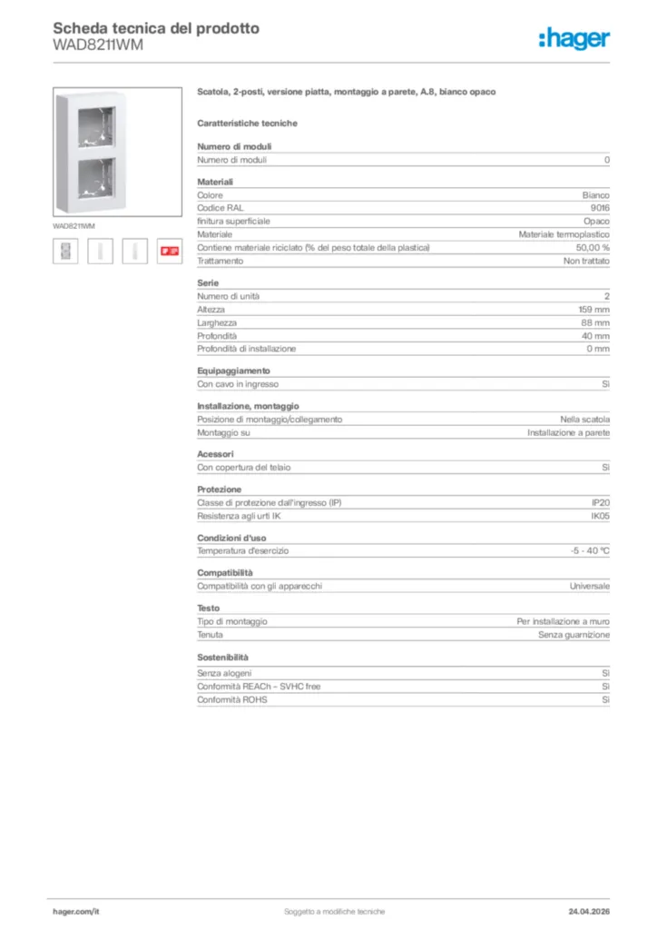 Immagine Hager Scheda tecnica del prodotto WAD8211WM | Hager Italia