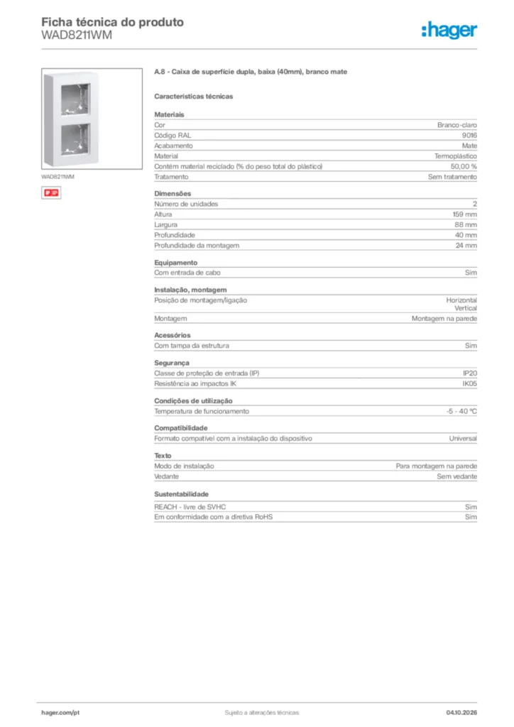 Imagem Hager Ficha técnica do produto WAD8211WM | Hager Portugal