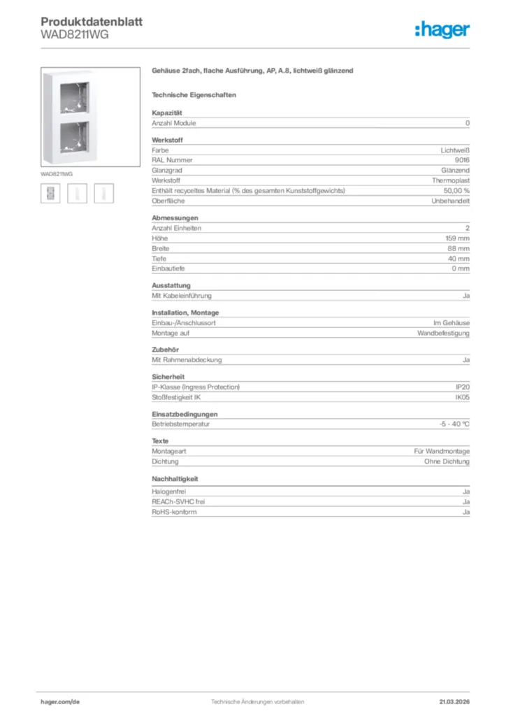 Bild Hager Produktdatenblatt WAD8211WG | Hager Deutschland