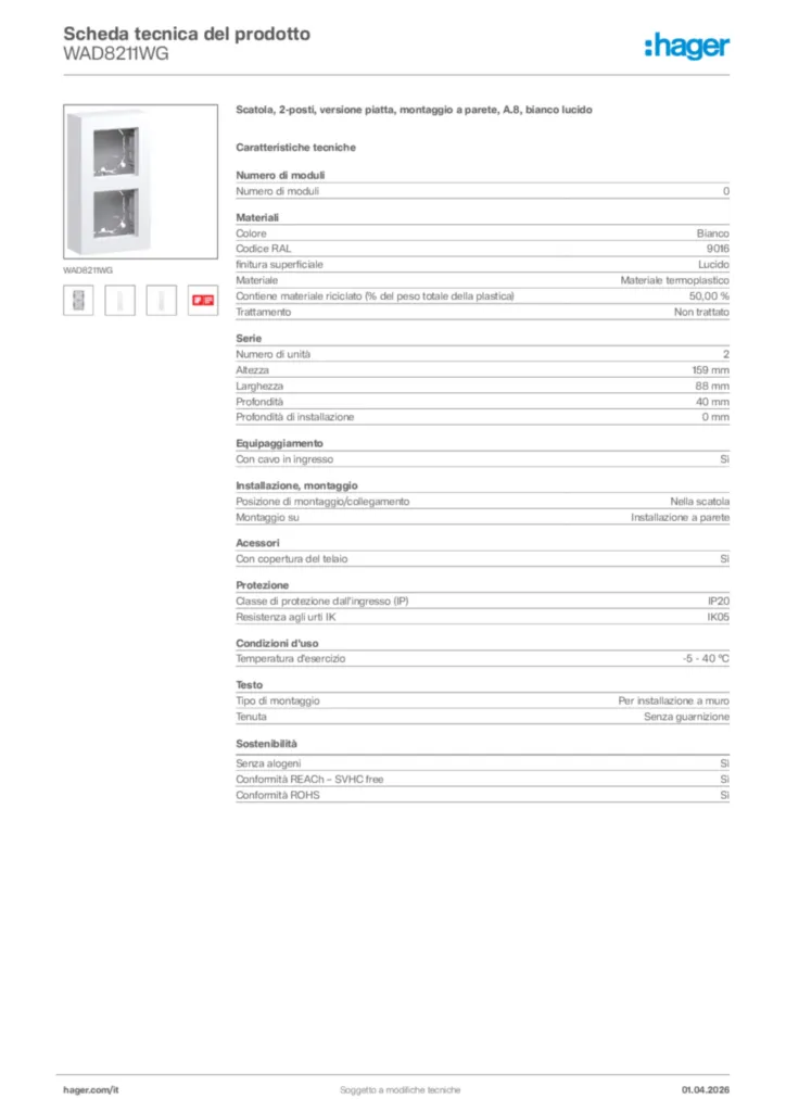Immagine Hager Scheda tecnica del prodotto WAD8211WG | Hager Italia