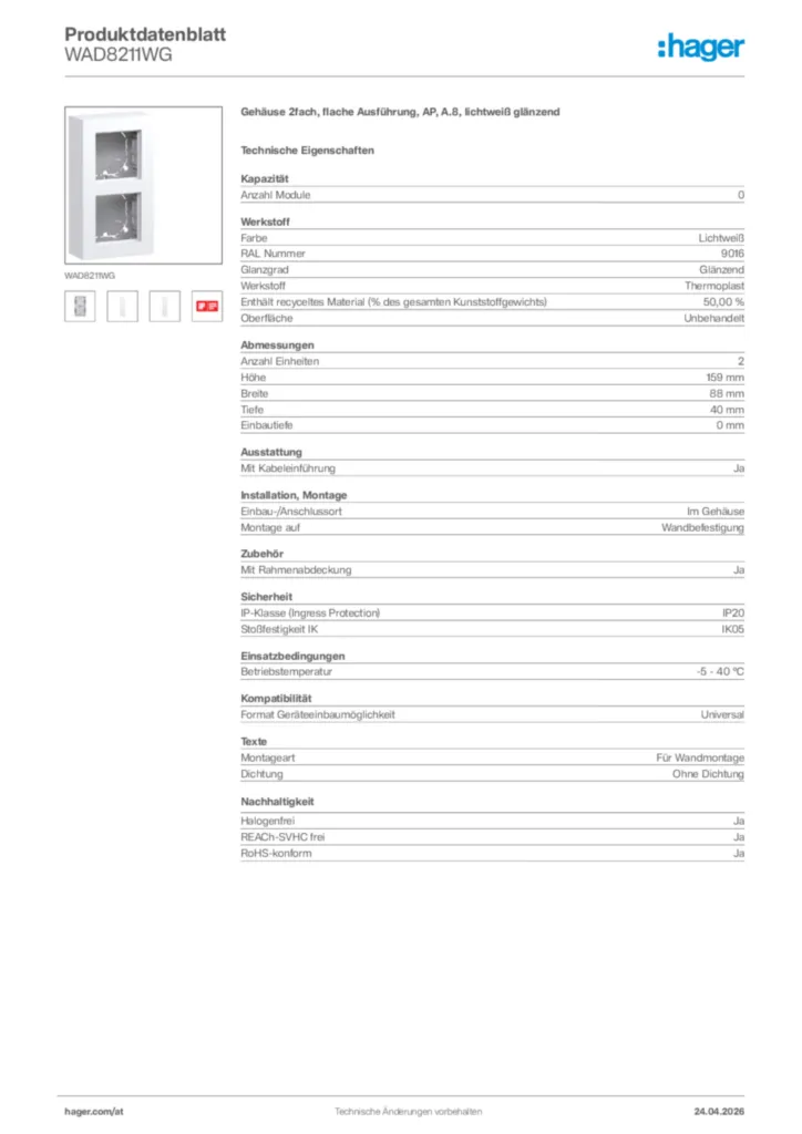 Bild Hager Produktdatenblatt WAD8211WG | Hager Deutschland
