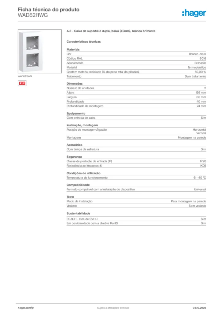 Imagem Hager Ficha técnica do produto WAD8211WG | Hager Portugal