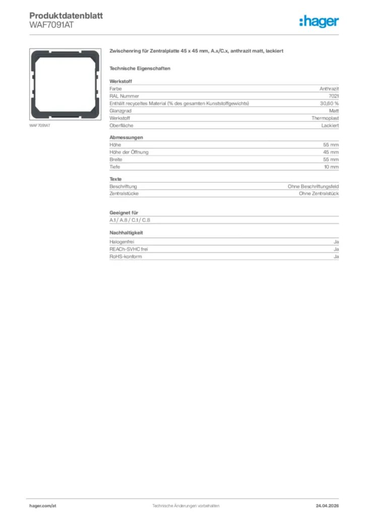 Bild Hager Produktdatenblatt WAF7091AT | Hager Deutschland
