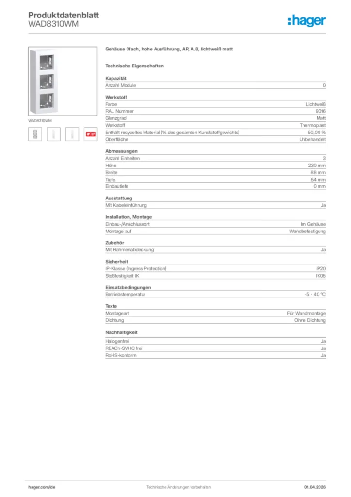Bild Hager Produktdatenblatt WAD8310WM | Hager Deutschland