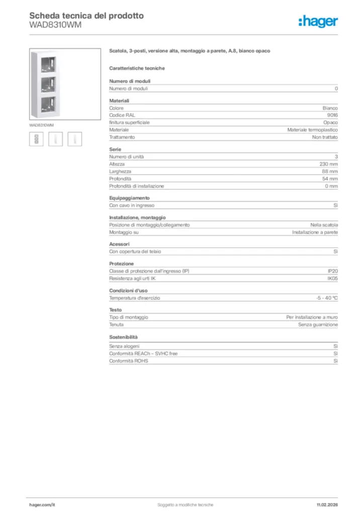 Immagine Hager Scheda tecnica del prodotto WAD8310WM | Hager Italia