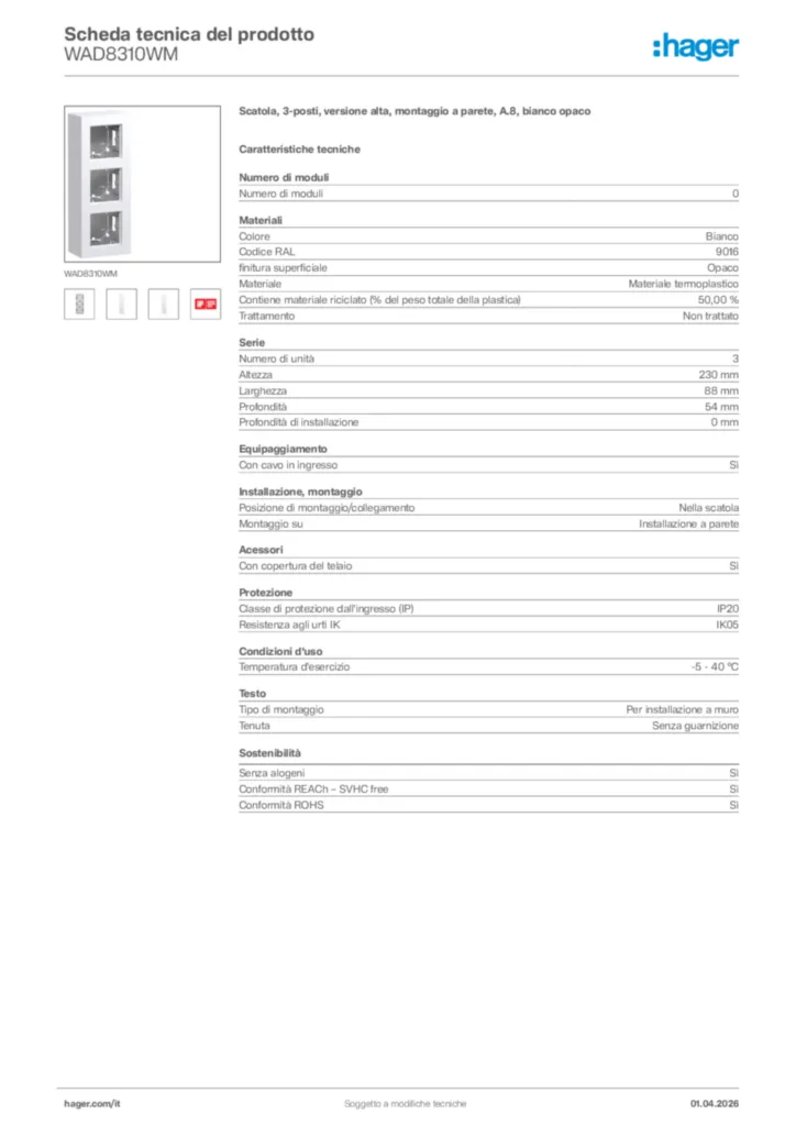 Immagine Hager Scheda tecnica del prodotto WAD8310WM | Hager Italia
