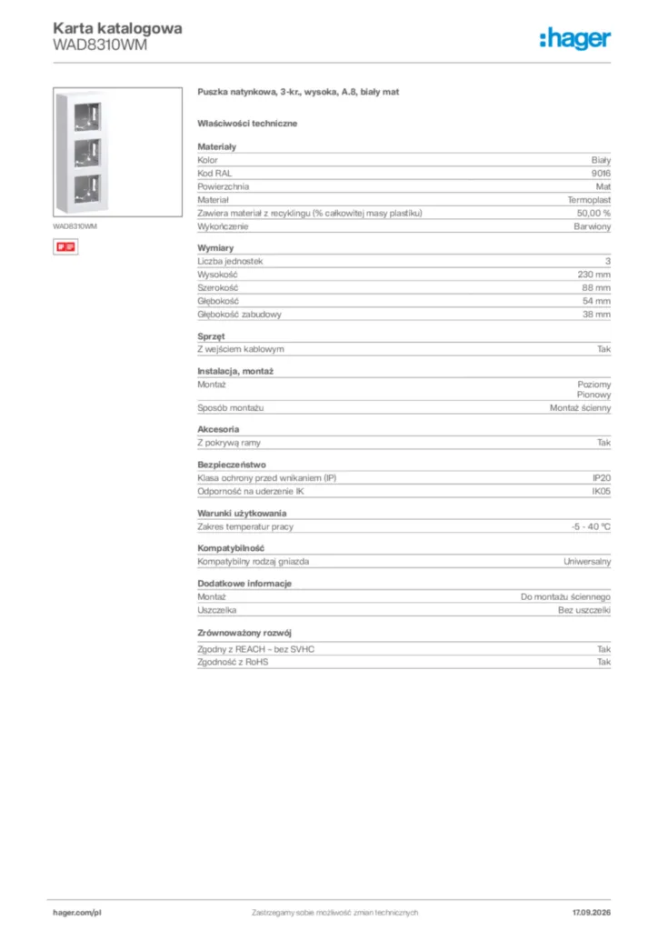 Zdjęcie Hager Karta katalogowa WAD8310WM | Hager Polska