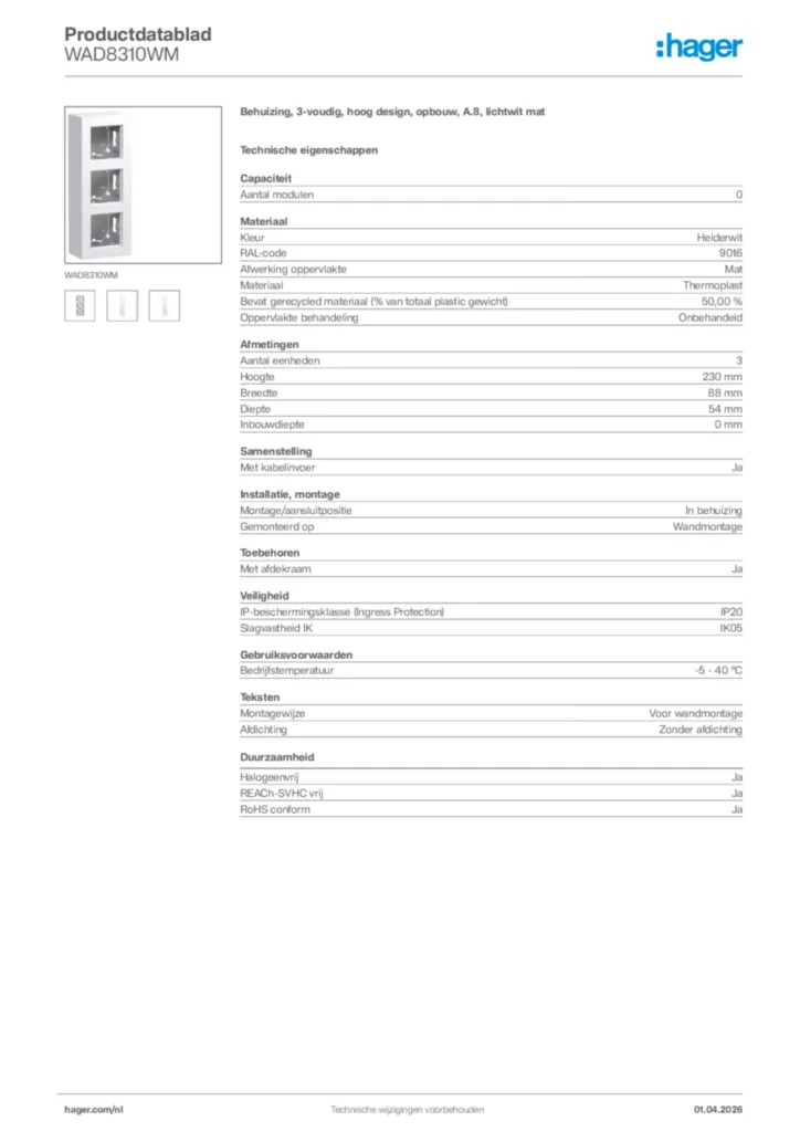 Afbeelding Hager Productdatablad WAD8310WM | Hager Nederland