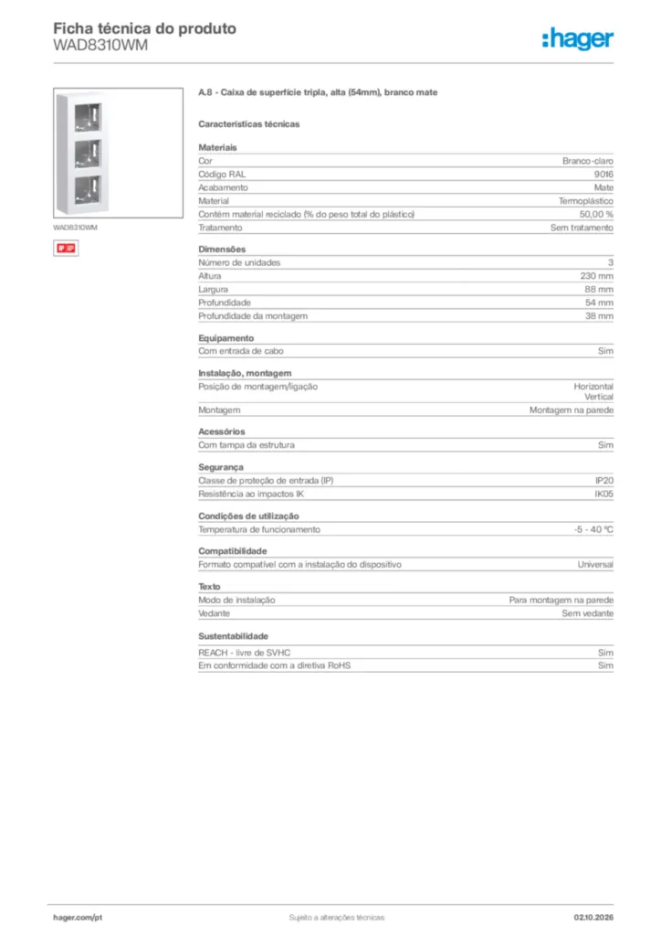 Imagem Hager Ficha técnica do produto WAD8310WM | Hager Portugal