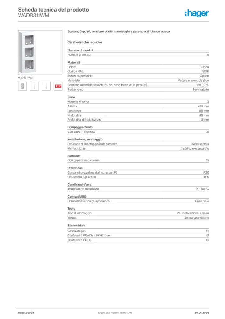 Immagine Hager Scheda tecnica del prodotto WAD8311WM | Hager Italia