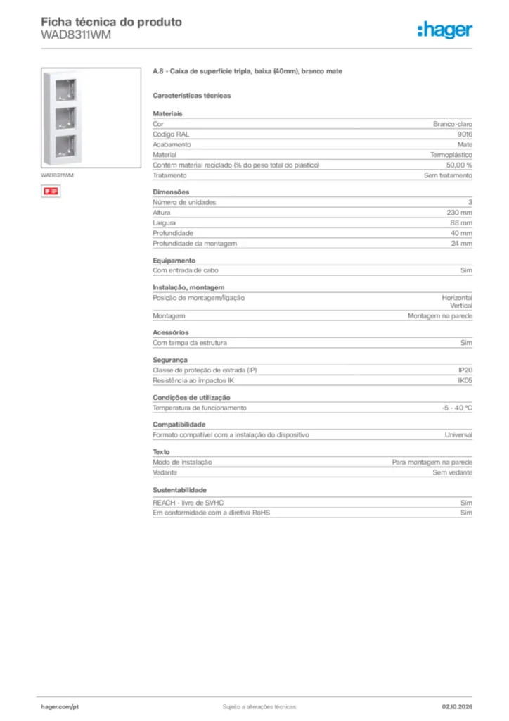 Imagem Hager Ficha técnica do produto WAD8311WM | Hager Portugal
