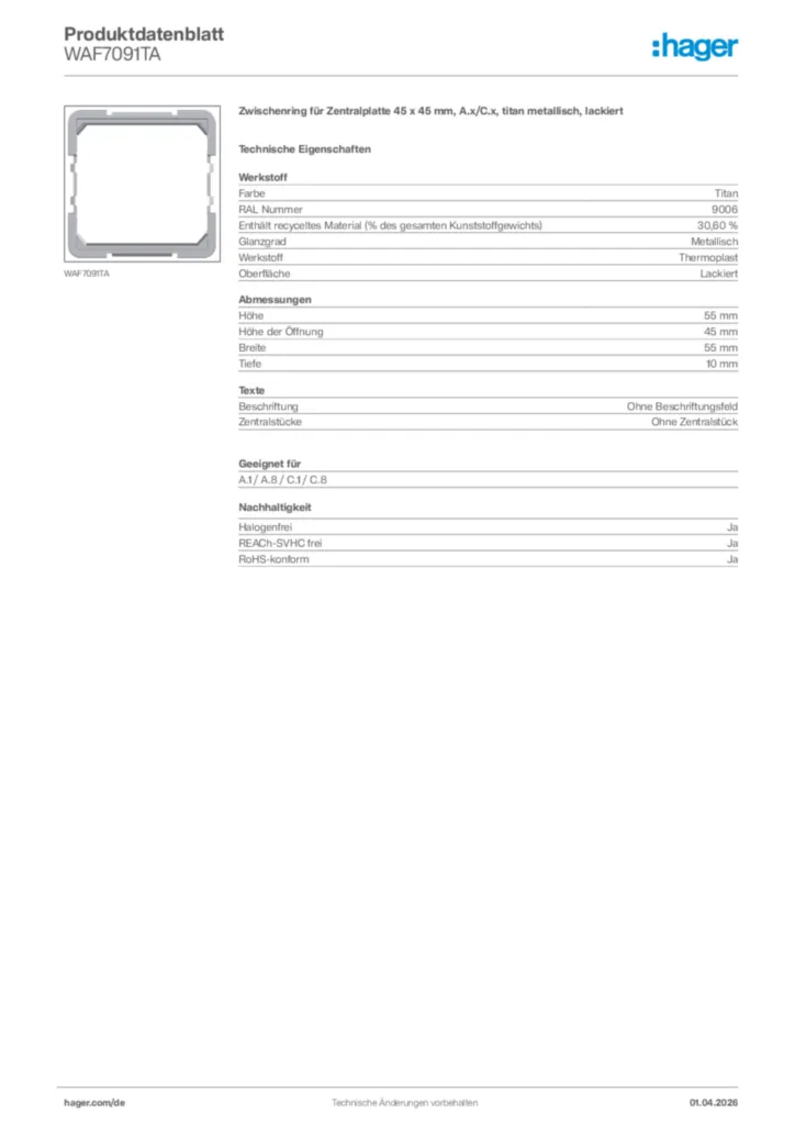 Bild Hager Produktdatenblatt WAF7091TA | Hager Deutschland