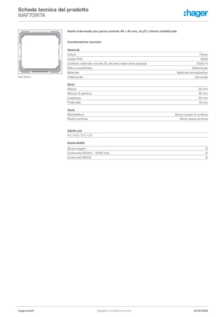 Immagine Hager Scheda tecnica del prodotto WAF7091TA | Hager Italia