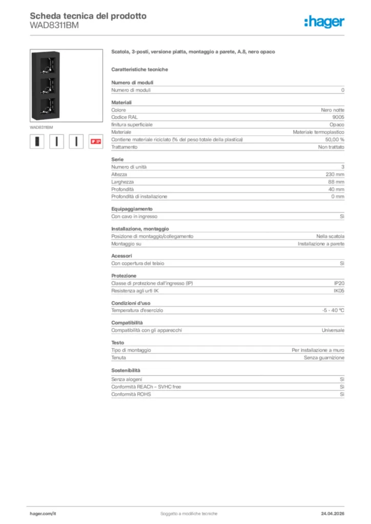 Immagine Hager Scheda tecnica del prodotto WAD8311BM | Hager Italia