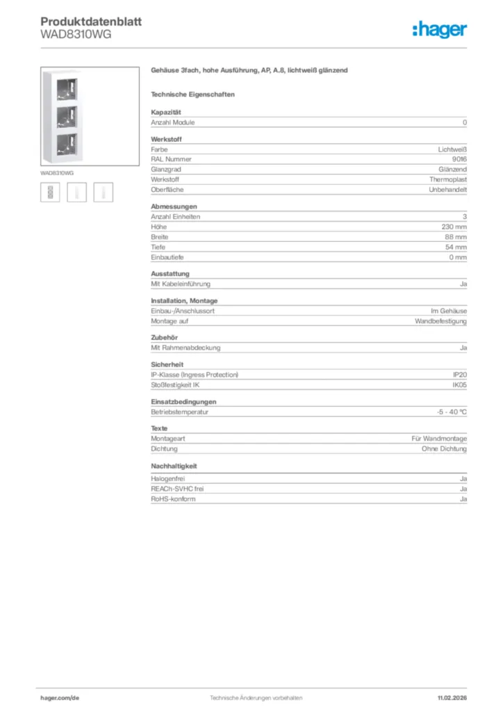 Bild Hager Produktdatenblatt WAD8310WG | Hager Deutschland