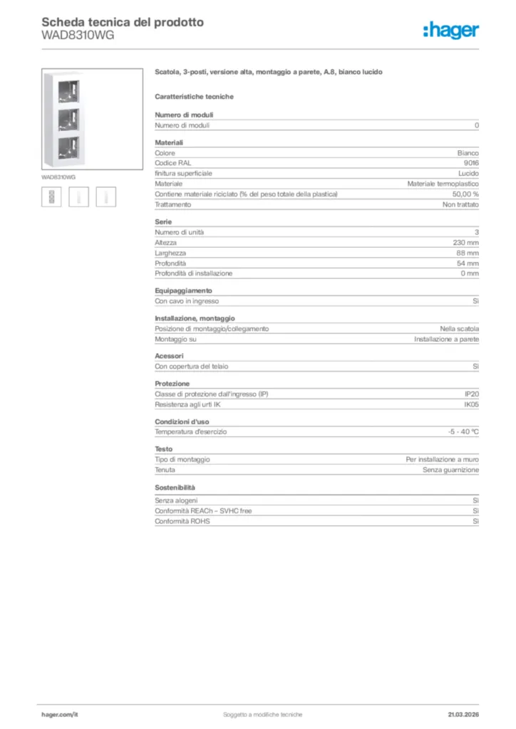 Immagine Hager Scheda tecnica del prodotto WAD8310WG | Hager Italia