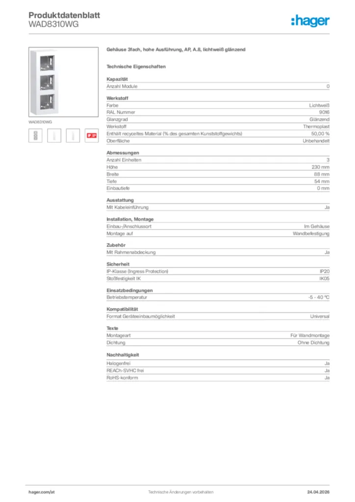 Bild Hager Produktdatenblatt WAD8310WG | Hager Deutschland