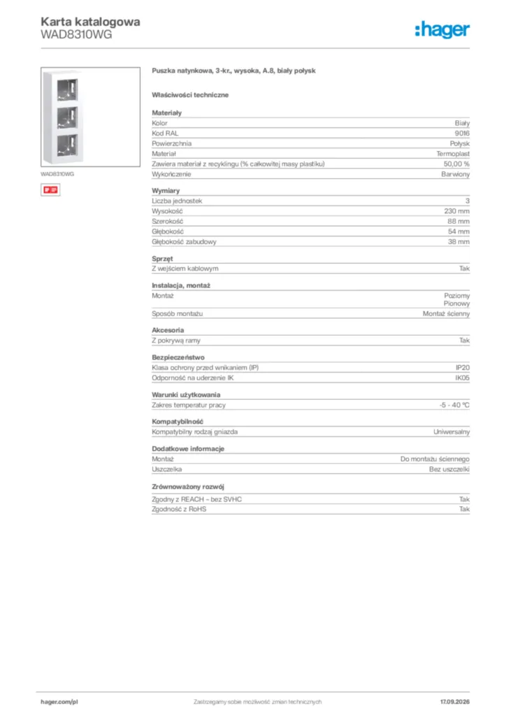 Zdjęcie Hager Karta katalogowa WAD8310WG | Hager Polska