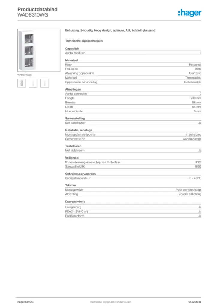 Afbeelding Hager Productdatablad WAD8310WG | Hager Nederland