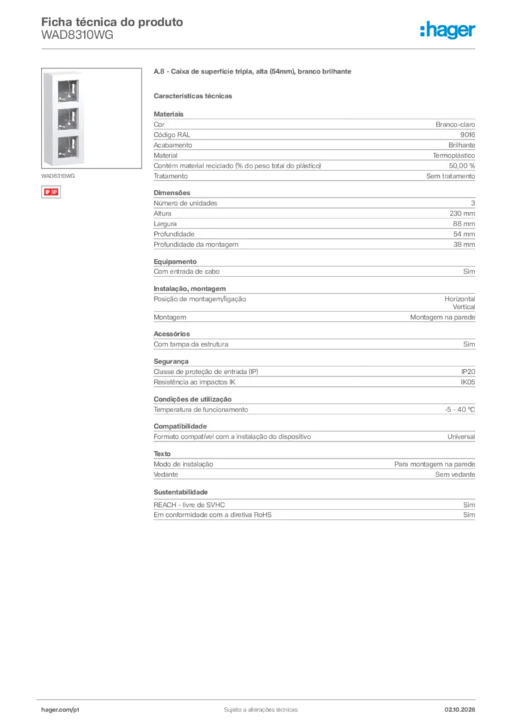 Imagem Hager Ficha técnica do produto WAD8310WG | Hager Portugal