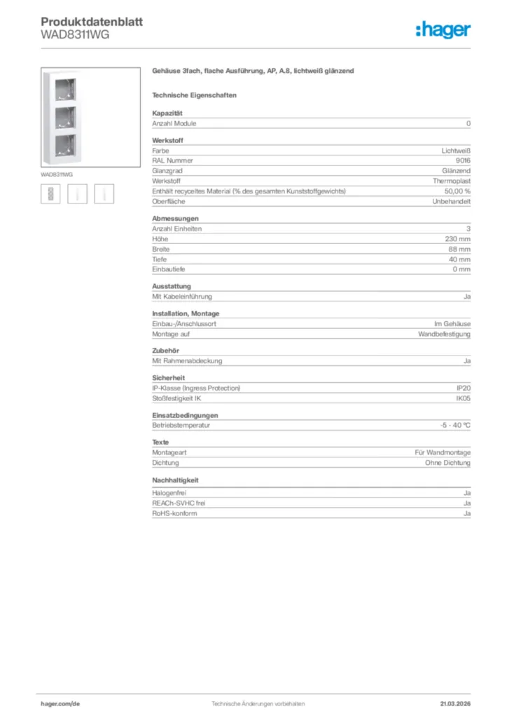 Bild Hager Produktdatenblatt WAD8311WG | Hager Deutschland