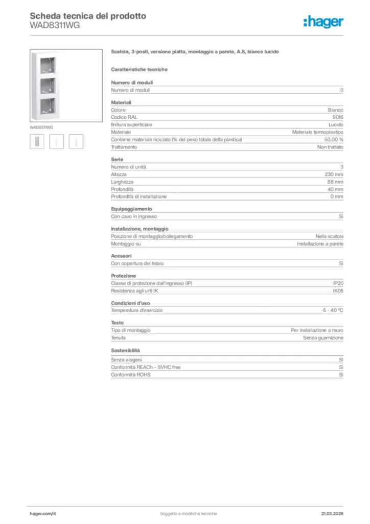 Immagine Hager Scheda tecnica del prodotto WAD8311WG | Hager Italia