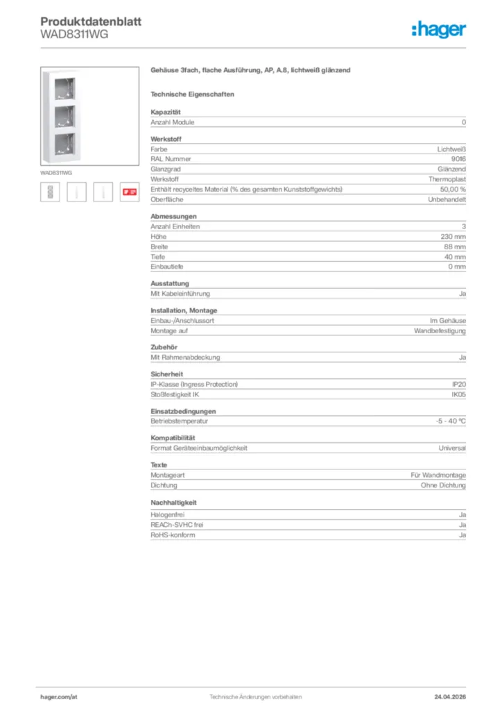 Bild Hager Produktdatenblatt WAD8311WG | Hager Deutschland