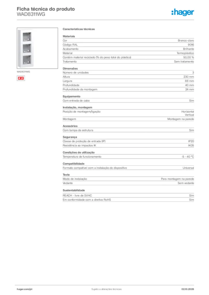 Imagem Hager Ficha técnica do produto WAD8311WG | Hager Portugal