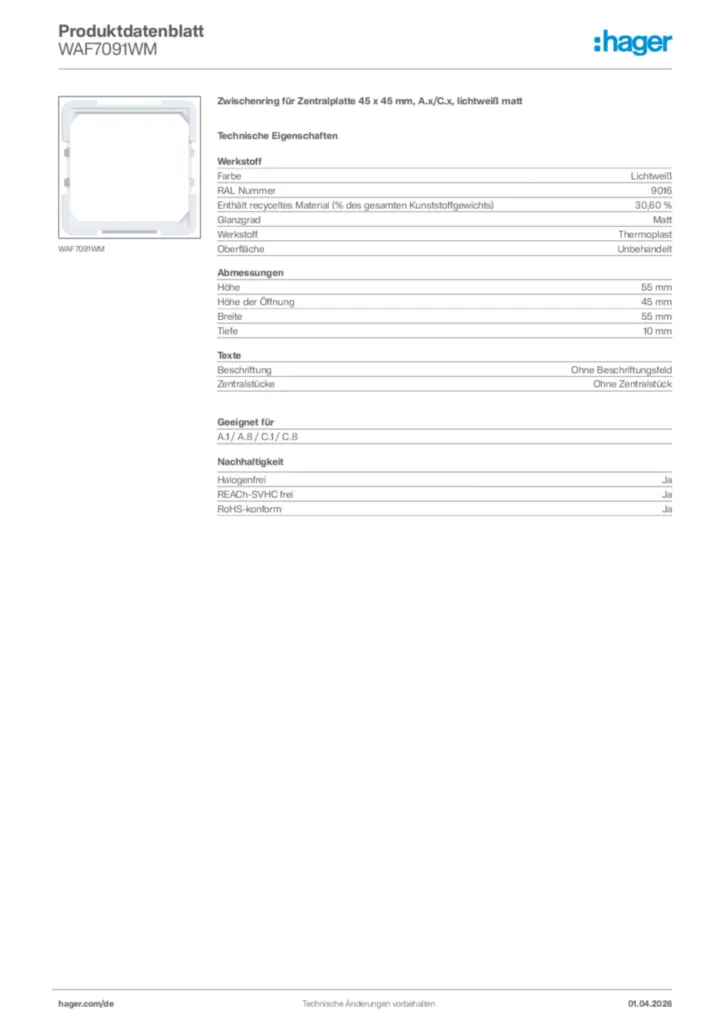 Bild Hager Produktdatenblatt WAF7091WM | Hager Deutschland