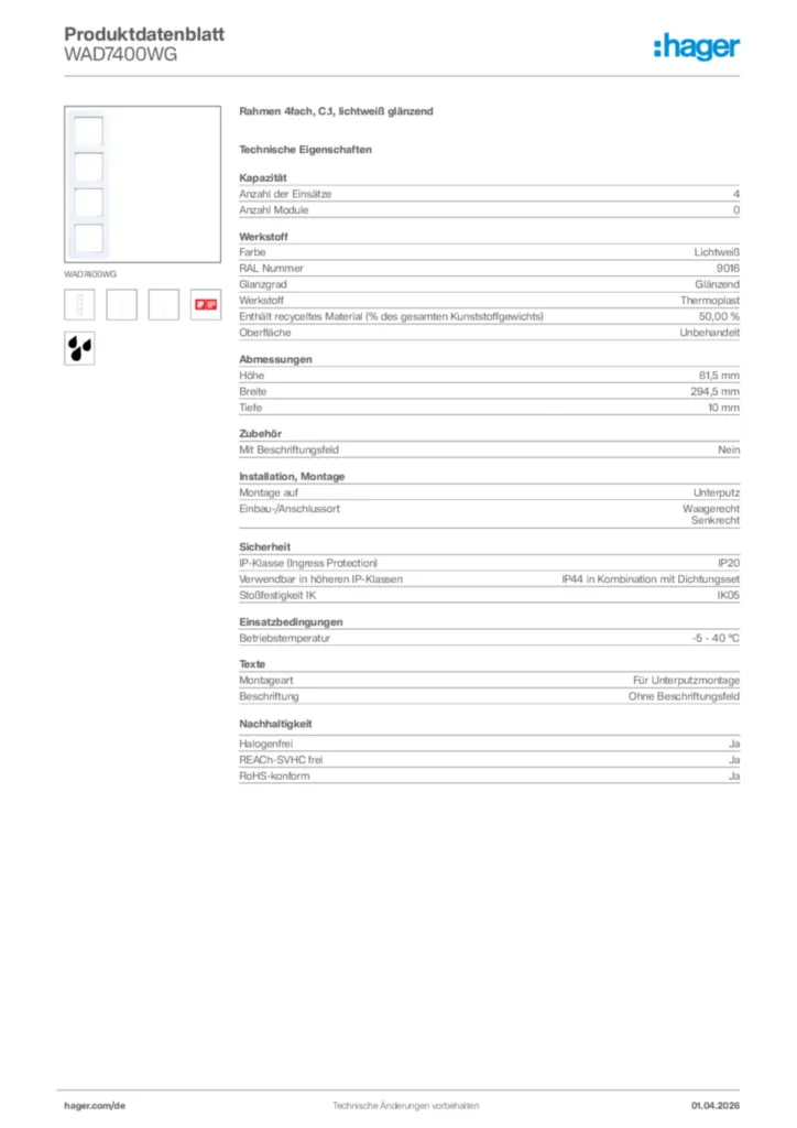Bild Hager Produktdatenblatt WAD7400WG | Hager Deutschland