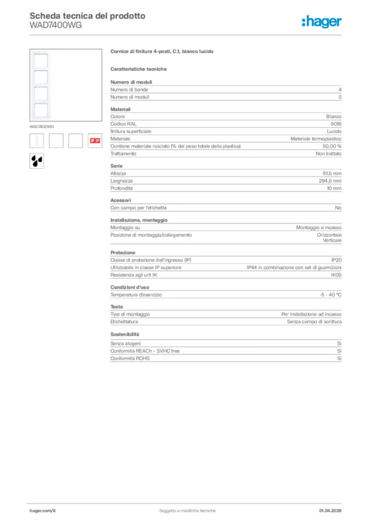 Immagine Hager Scheda tecnica del prodotto WAD7400WG | Hager Italia