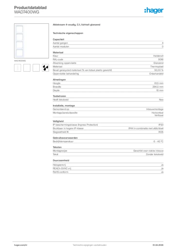 Afbeelding Hager Productdatablad WAD7400WG | Hager Nederland