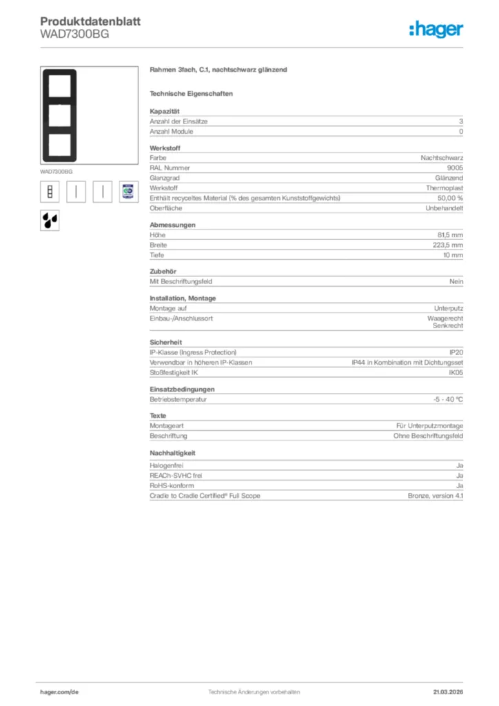 Bild Hager Produktdatenblatt WAD7300BG | Hager Deutschland