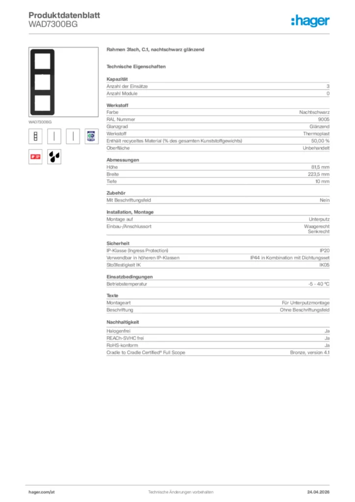 Bild Hager Produktdatenblatt WAD7300BG | Hager Deutschland