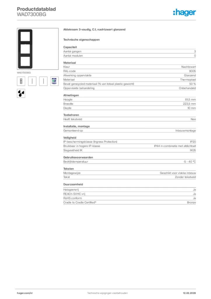 Afbeelding Hager Productdatablad WAD7300BG | Hager Nederland