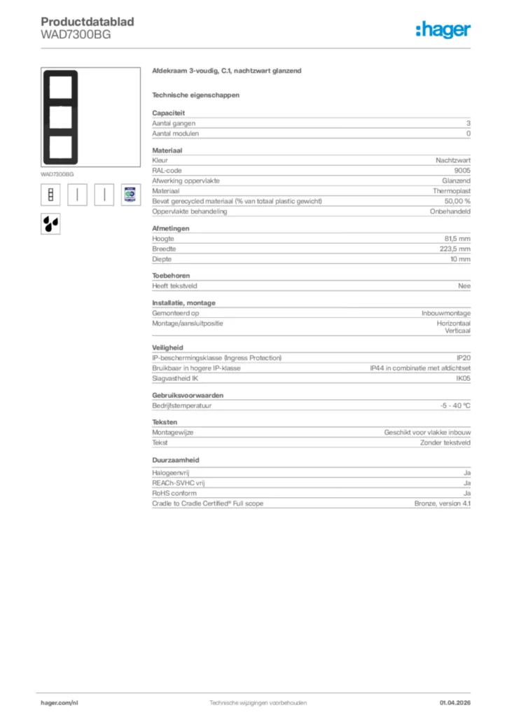 Afbeelding Hager Productdatablad WAD7300BG | Hager Nederland