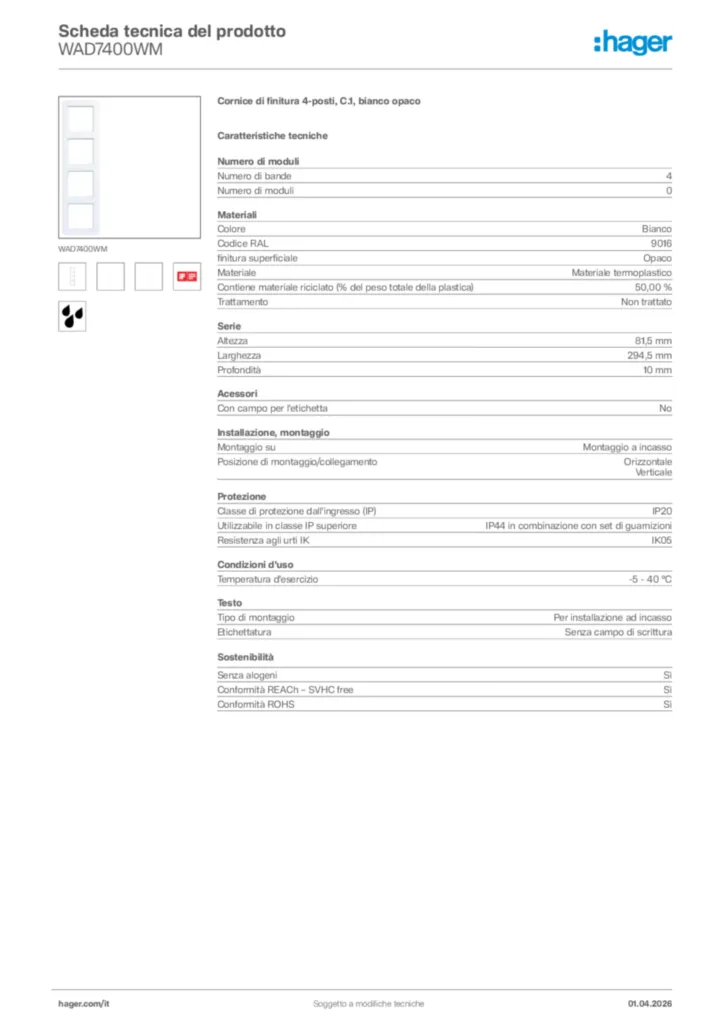 Immagine Hager Scheda tecnica del prodotto WAD7400WM | Hager Italia