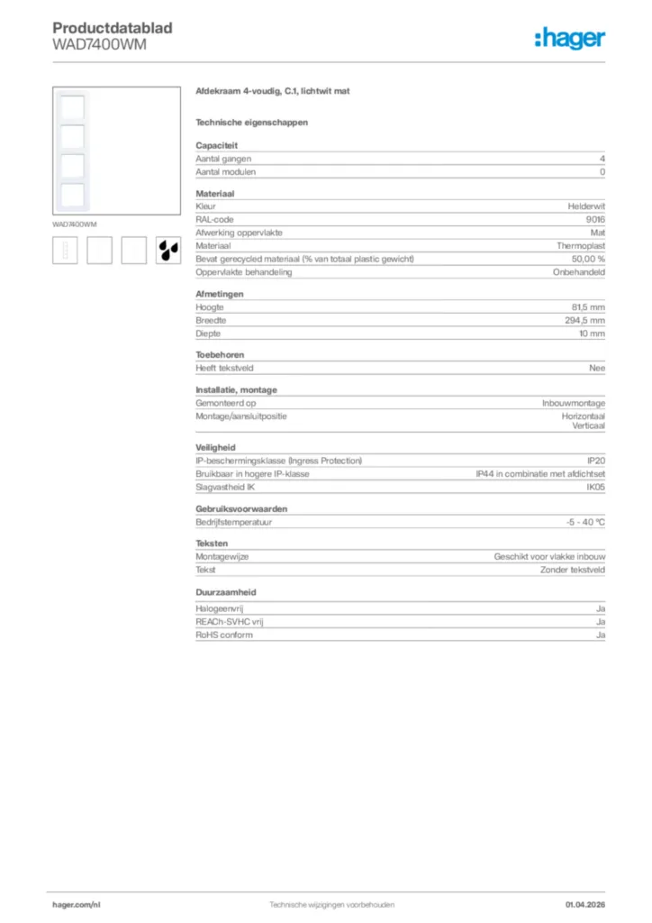 Afbeelding Hager Productdatablad WAD7400WM | Hager Nederland