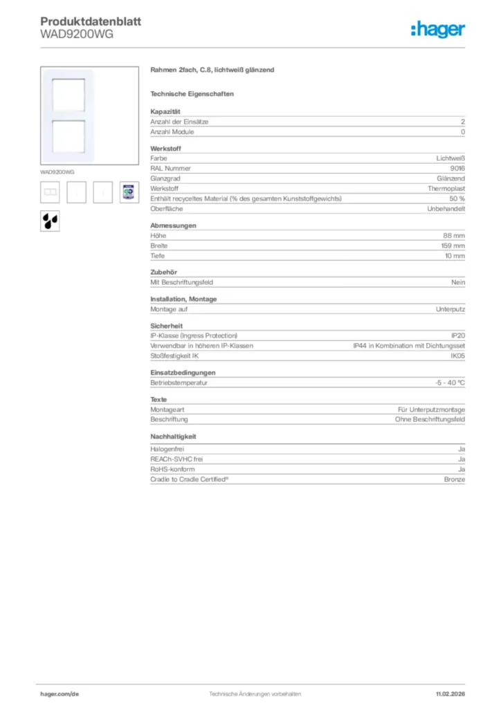 Bild Hager Produktdatenblatt WAD9200WG | Hager Deutschland